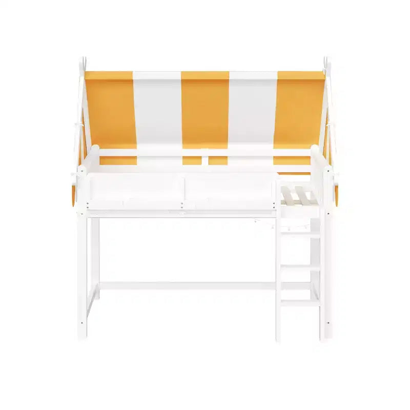 Cama alta con luz LED y estantería, estructura de cama estilo casa con tienda de campaña de rayas amarillas y blancas