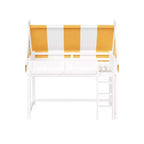 Cama alta con luz LED y estantería, estructura de cama estilo casa con tienda de campaña de rayas amarillas y blancas