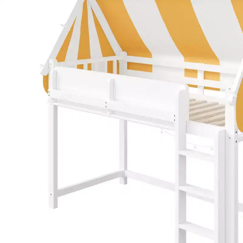 Cama alta con luz LED y estantería, estructura de cama estilo casa con tienda de campaña de rayas amarillas y blancas