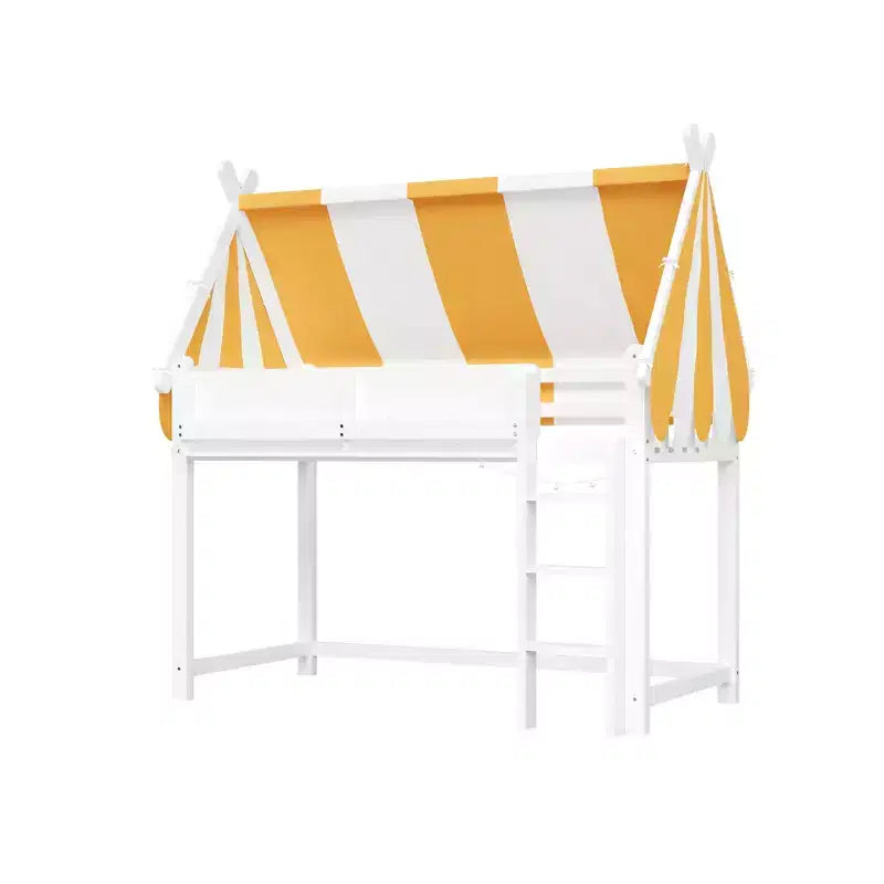 Cama alta con luz LED y estantería, estructura de cama estilo casa con tienda de campaña de rayas amarillas y blancas