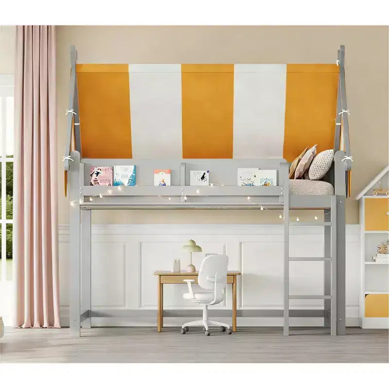 Cama alta con luz LED y estantería, estructura de cama estilo casa con tienda de campaña de rayas amarillas y blancas