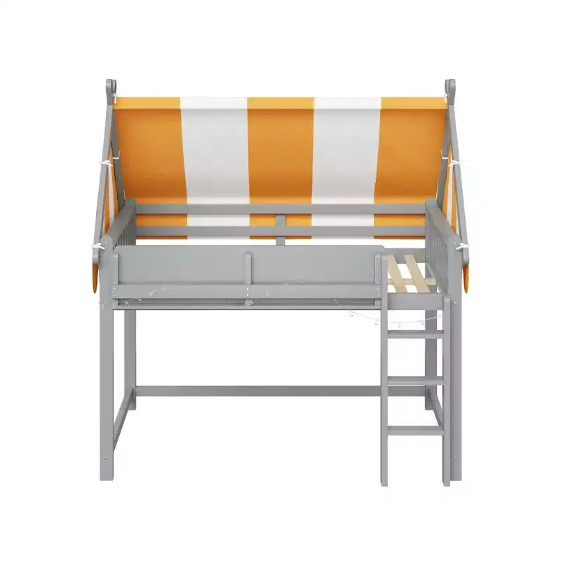 Cama alta con luz LED y estantería, estructura de cama estilo casa con tienda de campaña de rayas amarillas y blancas