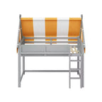 Cama alta con luz LED y estantería, estructura de cama estilo casa con tienda de campaña de rayas amarillas y blancas