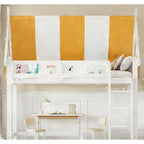 Cama alta con luz LED y estantería, estructura de cama estilo casa con tienda de campaña de rayas amarillas y blancas