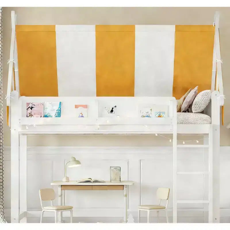 Cama alta con luz LED y estantería, estructura de cama estilo casa con tienda de campaña de rayas amarillas y blancas