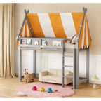 Bellemave Loft Bed with LED Light & Bookshelf, House-style Bed Frame with Yellow & White Stripe Tent.