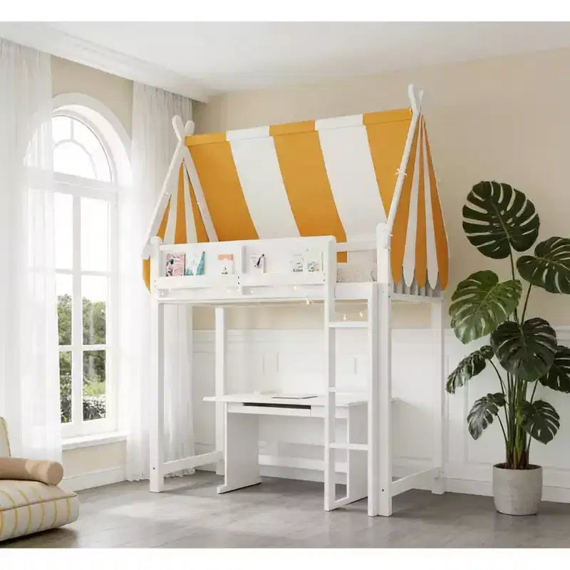 Cama alta con luz LED y estantería, estructura de cama estilo casa con tienda de campaña de rayas amarillas y blancas