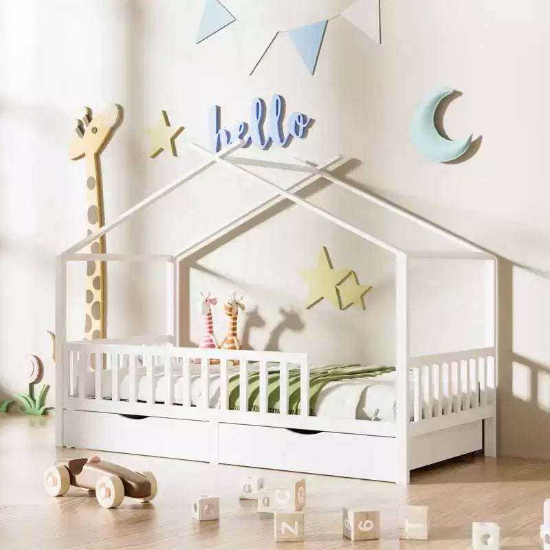 MAYEERTY White Full Kids House Bed Frame with Storage Drawers, Montessori Tent Bed with Rails Roof