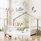 MAYEERTY White Full Kids House Bed Frame with Storage Drawers, Montessori Tent Bed with Rails Roof