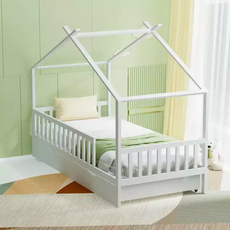 Estructura de cama con casa blanca completa para niños con cajones de almacenamiento, cama tipo tienda Montessori