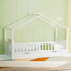 Estructura de cama con casa blanca completa para niños con cajones de almacenamiento, cama tipo tienda Montessori