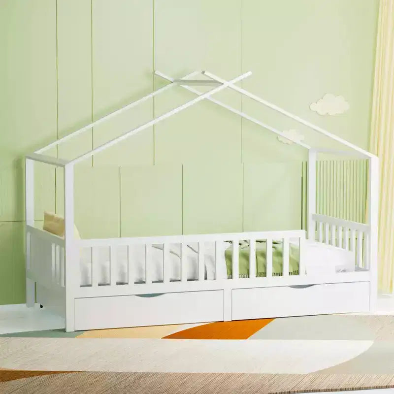 Estructura de cama con casa blanca completa para niños con cajones de almacenamiento, cama tipo tienda Montessori