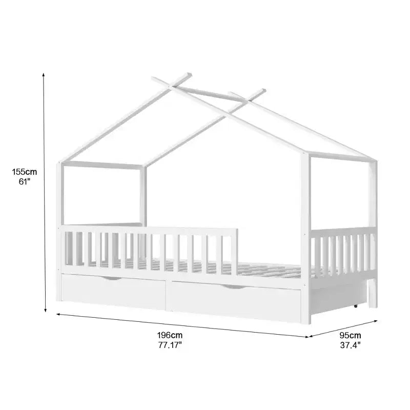 Estructura de cama con casa blanca completa para niños con cajones de almacenamiento, cama tipo tienda Montessori
