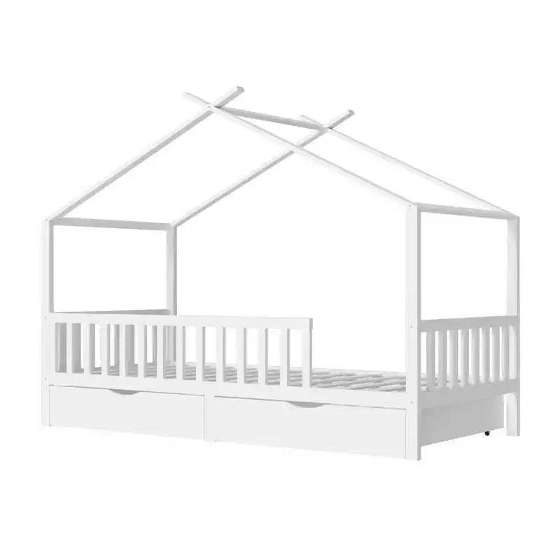 Estructura de cama con casa blanca completa para niños con cajones de almacenamiento, cama tipo tienda Montessori