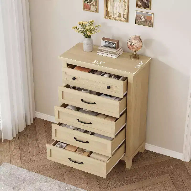 Cómoda de 5 cajones para dormitorio, cómoda vertical de 41.3 pulgadas de alto con gran capacidad de almacenamiento para dormitorio, sala de estar, roble natural