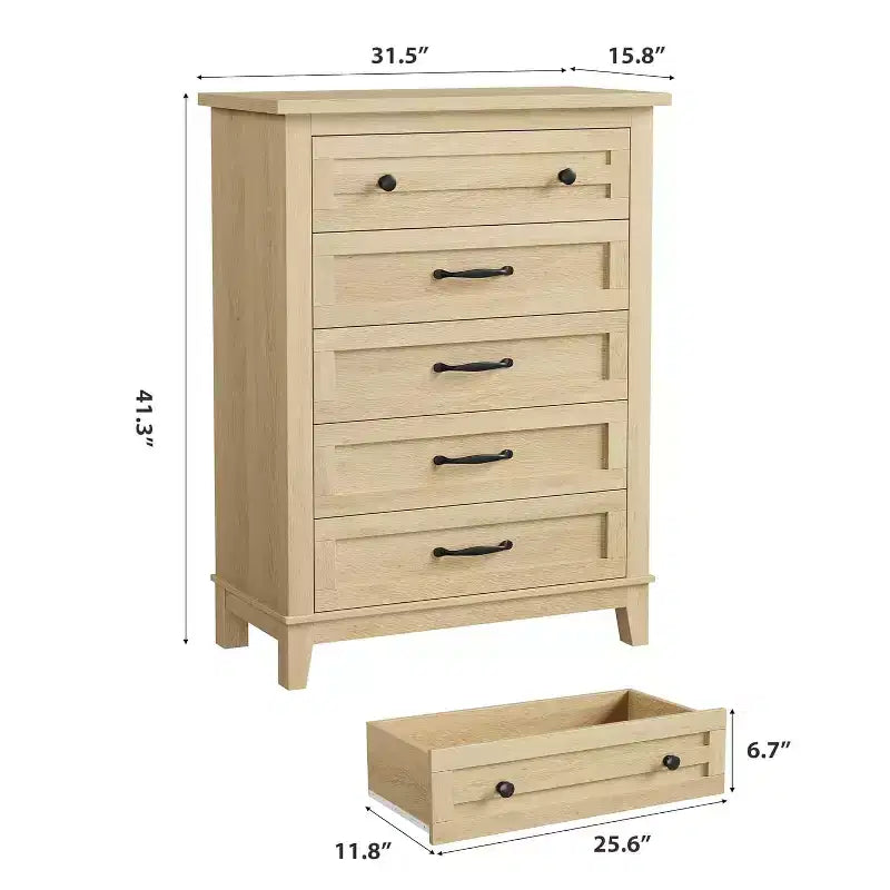 Cómoda de 5 cajones para dormitorio, cómoda vertical de 41.3 pulgadas de alto con gran capacidad de almacenamiento para dormitorio, sala de estar, roble natural