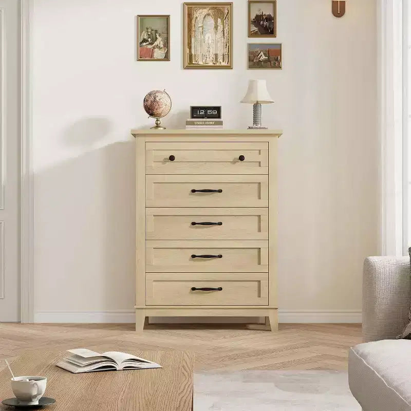 Cómoda de 5 cajones para dormitorio, cómoda vertical de 41.3 pulgadas de alto con gran capacidad de almacenamiento para dormitorio, sala de estar, roble natural