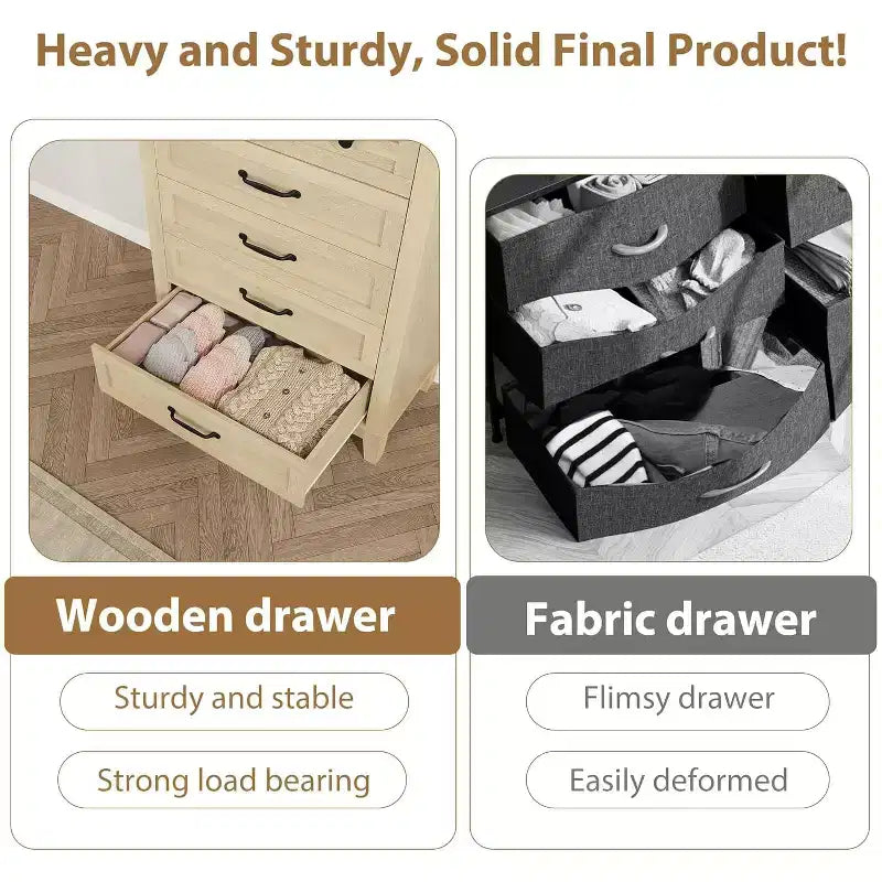 Cómoda de 5 cajones para dormitorio, cómoda vertical de 41.3 pulgadas de alto con gran capacidad de almacenamiento para dormitorio, sala de estar, roble natural