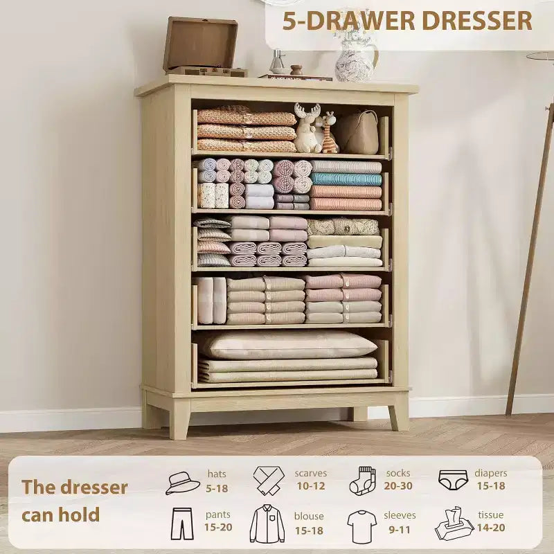 Cómoda de 5 cajones para dormitorio, cómoda vertical de 41.3 pulgadas de alto con gran capacidad de almacenamiento para dormitorio, sala de estar, roble natural