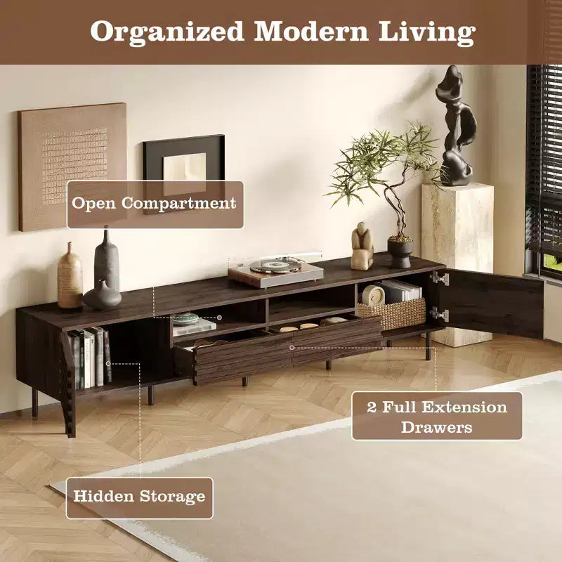 Mueble para TV de 78 pulgadas para televisores de hasta 85 pulgadas, consola multimedia, mueble de TV marrón, centro de entretenimiento multimedia con puerta de cierre suave y listones