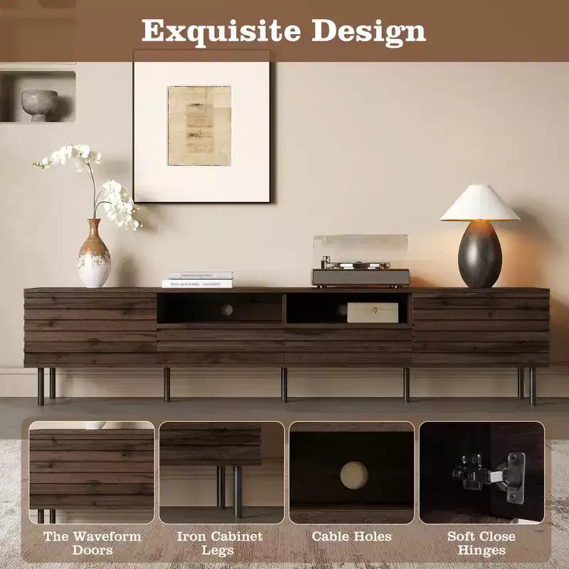 Mueble para TV de 78 pulgadas para televisores de hasta 85 pulgadas, consola multimedia, mueble de TV marrón, centro de entretenimiento multimedia con puerta de cierre suave y listones
