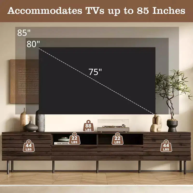 Mueble para TV de 78 pulgadas para televisores de hasta 85 pulgadas, consola multimedia, mueble de TV marrón, centro de entretenimiento multimedia con puerta de cierre suave y listones