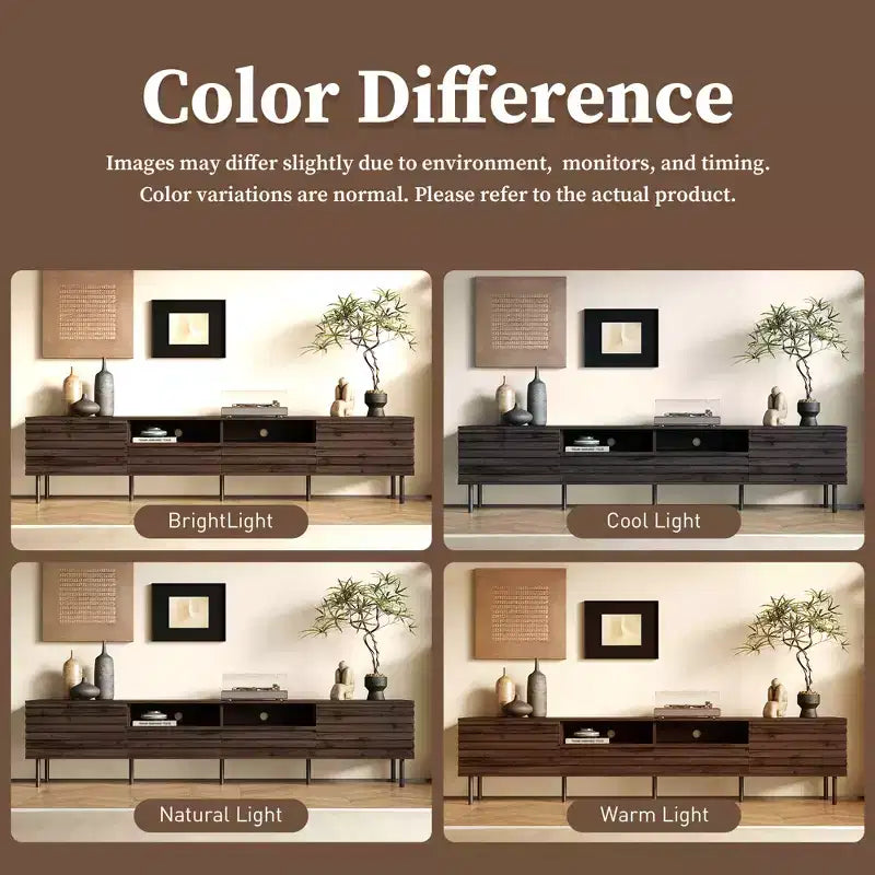 Mueble para TV de 78 pulgadas para televisores de hasta 85 pulgadas, consola multimedia, mueble de TV marrón, centro de entretenimiento multimedia con puerta de cierre suave y listones