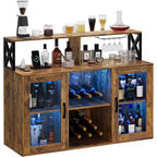 Vinoteca con luz LED, Armario bar con estante para vinos, soporte para copas y tomas de corriente, para sala de estar, comedor