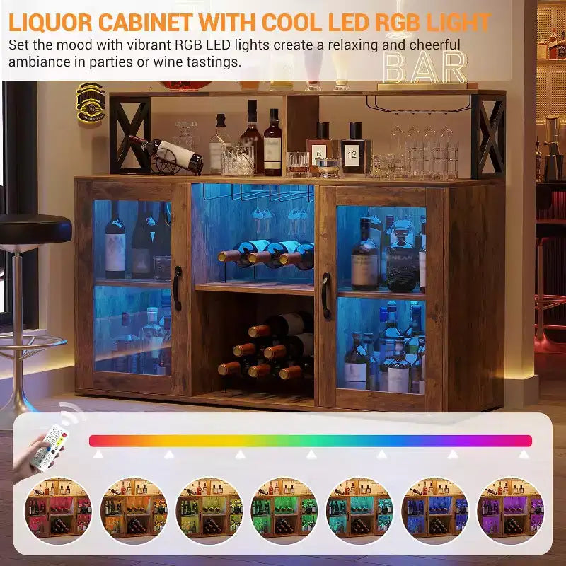Vinoteca con luz LED, Armario bar con estante para vinos, soporte para copas y tomas de corriente, para sala de estar, comedor