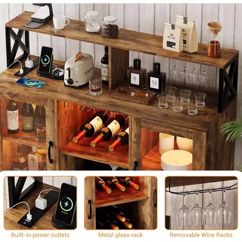 Vinoteca con luz LED, Armario bar con estante para vinos, soporte para copas y tomas de corriente, para sala de estar, comedor
