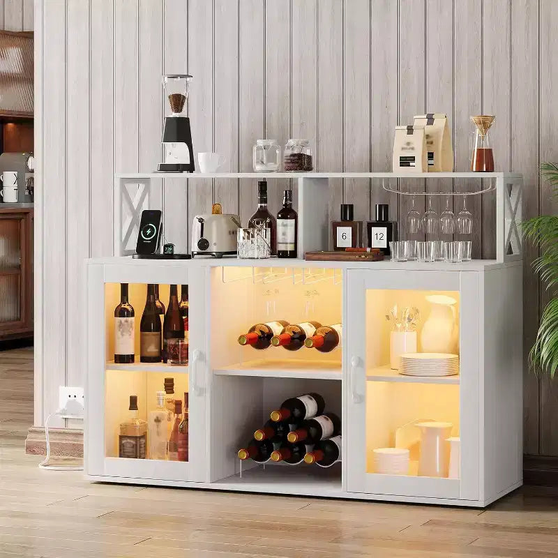 Vinoteca con luz LED, Armario bar con estante para vinos, soporte para copas y tomas de corriente, para sala de estar, comedor