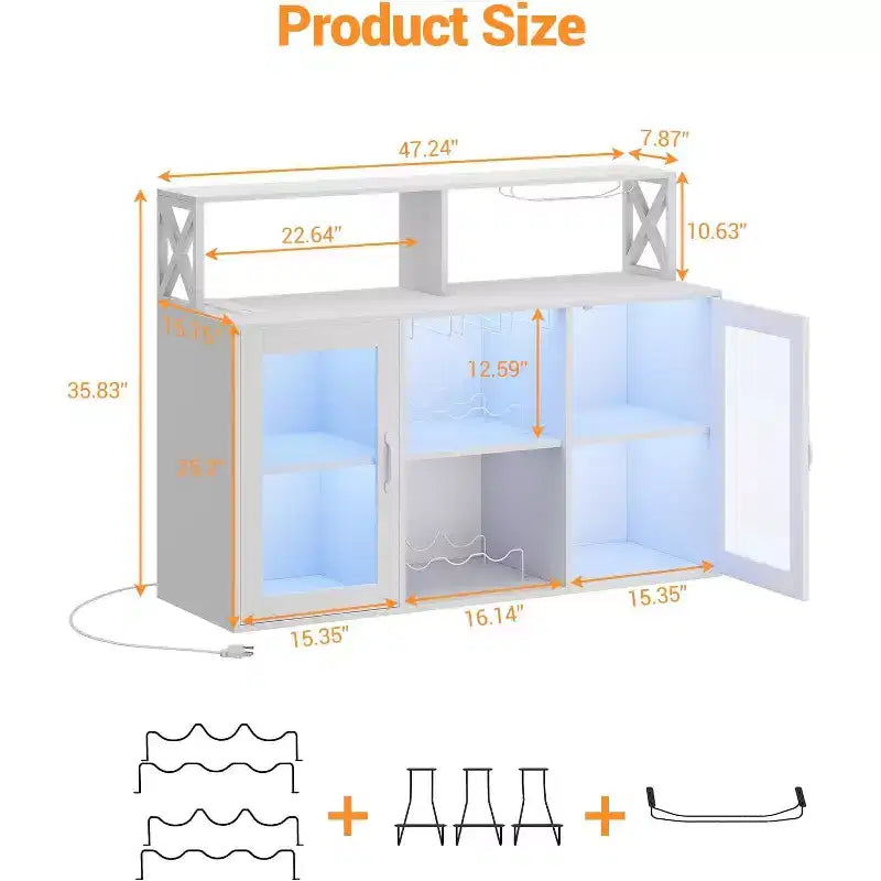 Vinoteca con luz LED, Armario bar con estante para vinos, soporte para copas y tomas de corriente, para sala de estar, comedor