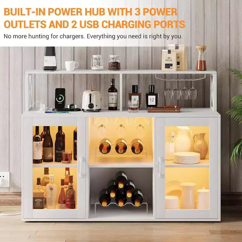 Vinoteca con luz LED, Armario bar con estante para vinos, soporte para copas y tomas de corriente, para sala de estar, comedor
