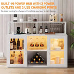 Vinoteca con luz LED, Armario bar con estante para vinos, soporte para copas y tomas de corriente, para sala de estar, comedor