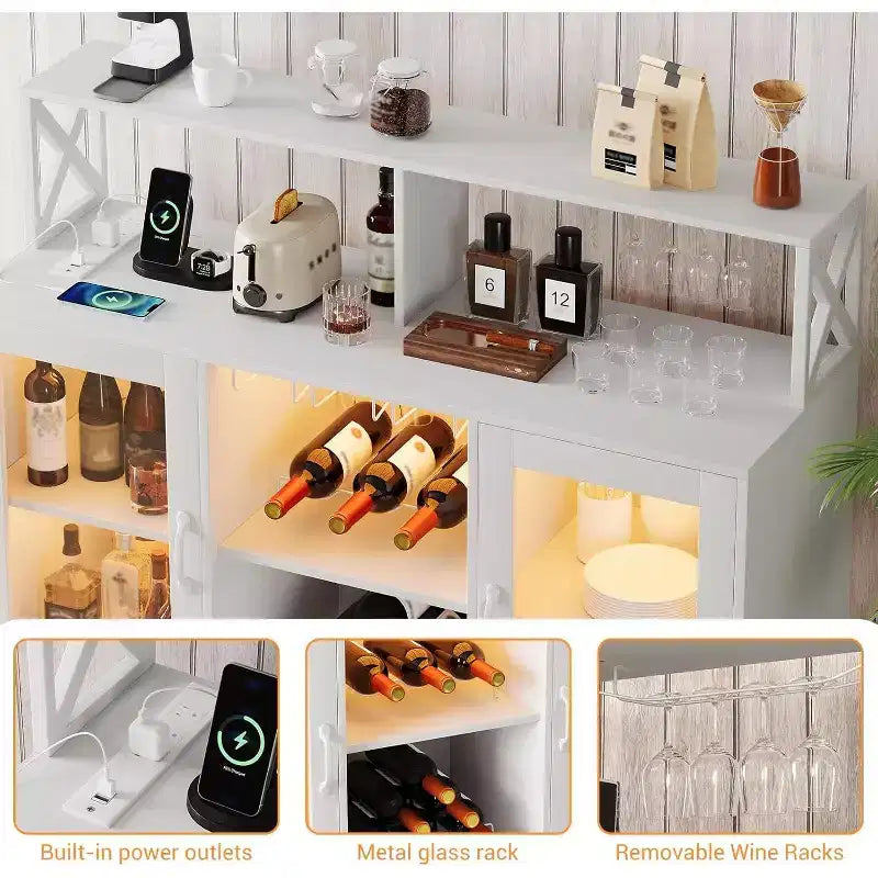 Vinoteca con luz LED, Armario bar con estante para vinos, soporte para copas y tomas de corriente, para sala de estar, comedor