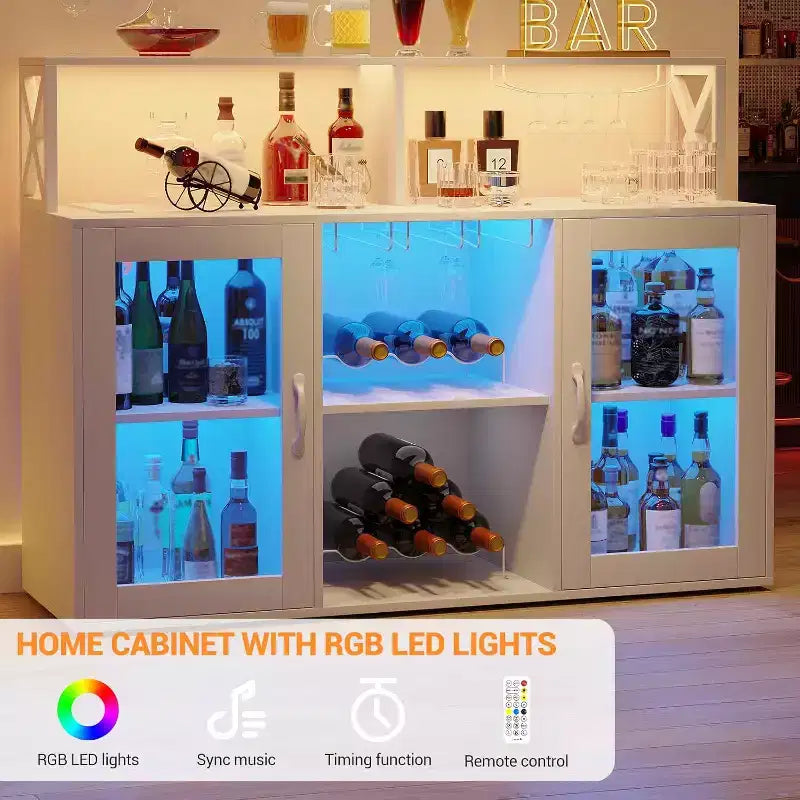 Vinoteca con luz LED, Armario bar con estante para vinos, soporte para copas y tomas de corriente, para sala de estar, comedor
