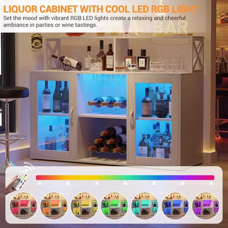 Vinoteca con luz LED, Armario bar con estante para vinos, soporte para copas y tomas de corriente, para sala de estar, comedor
