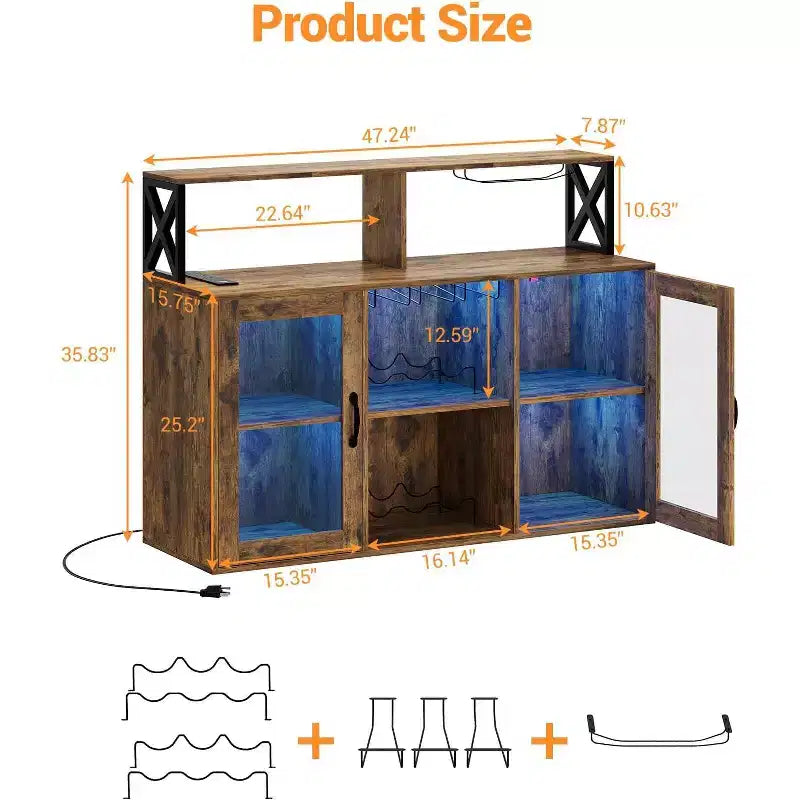 Vinoteca con luz LED, Armario bar con estante para vinos, soporte para copas y tomas de corriente, para sala de estar, comedor