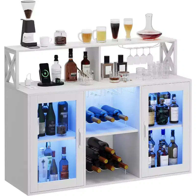 Wine Cabinet with LED light, Bar Cabinet with Wine Shelf, Glass Holder and Power Outlets, for Living Room, Dining Room