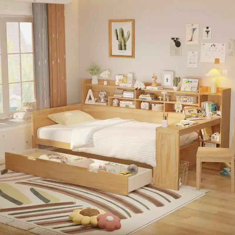 Cama individual con estantes de almacenamiento Cama multifuncional con cajones y escritorio de estudio
