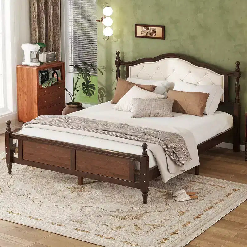 Base de cama Queen con cabecero y piecero tapizados, marco de cama de plataforma de madera con patas de soporte central