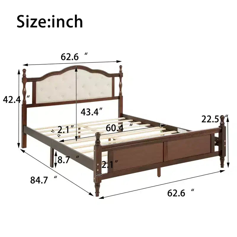 Base de cama Queen con cabecero y piecero tapizados, marco de cama de plataforma de madera con patas de soporte central