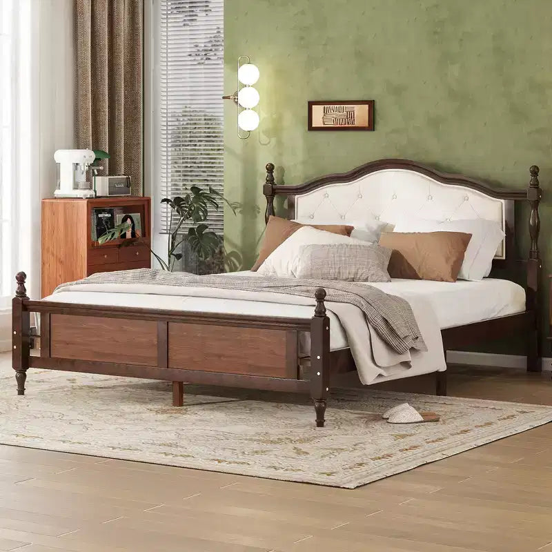 Base de cama Queen con cabecero y piecero tapizados, marco de cama de plataforma de madera con patas de soporte central