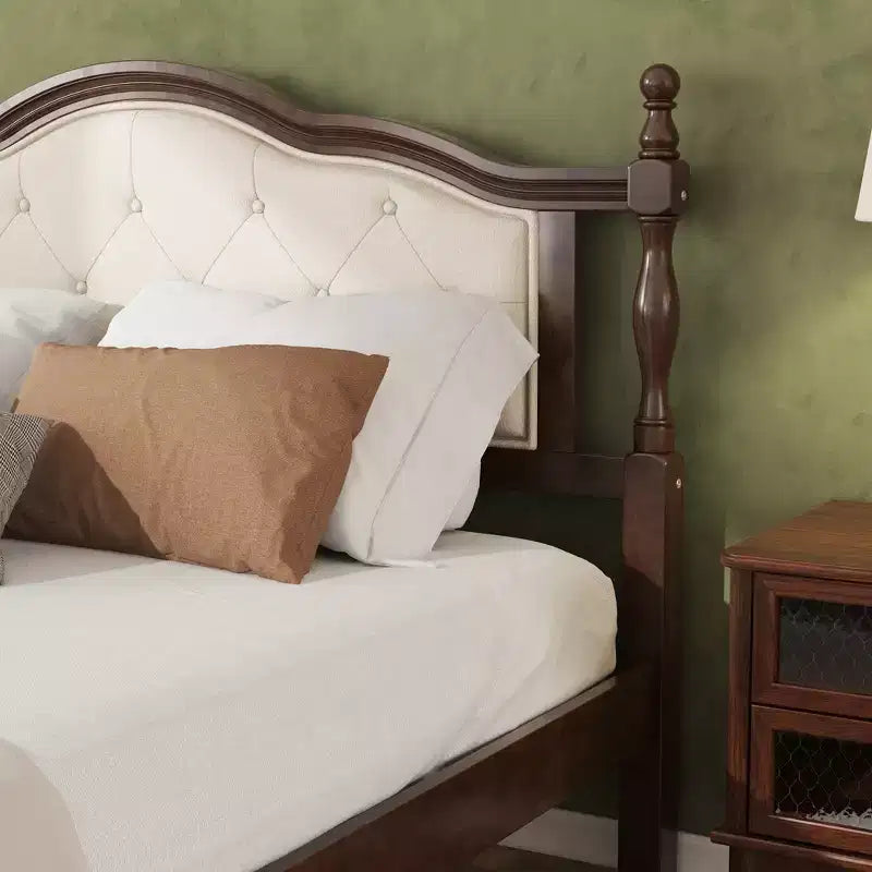 Base de cama Queen con cabecero y piecero tapizados, marco de cama de plataforma de madera con patas de soporte central