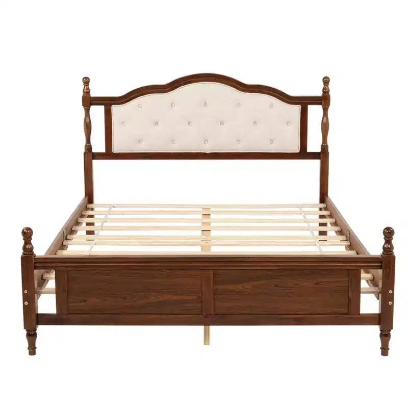Base de cama Queen con cabecero y piecero tapizados, marco de cama de plataforma de madera con patas de soporte central