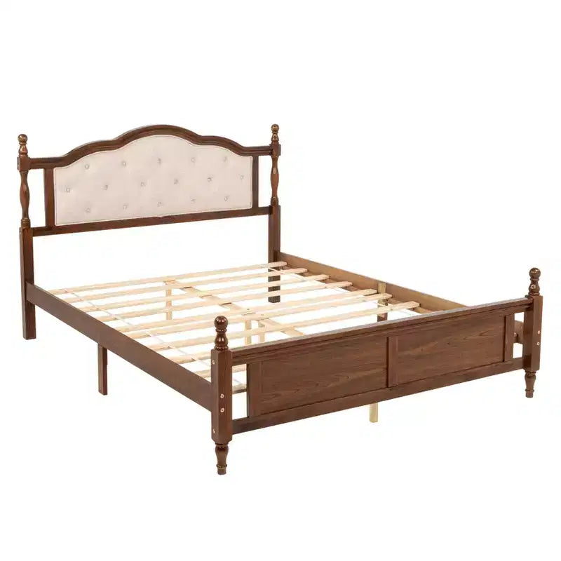 Base de cama Queen con cabecero y piecero tapizados, marco de cama de plataforma de madera con patas de soporte central