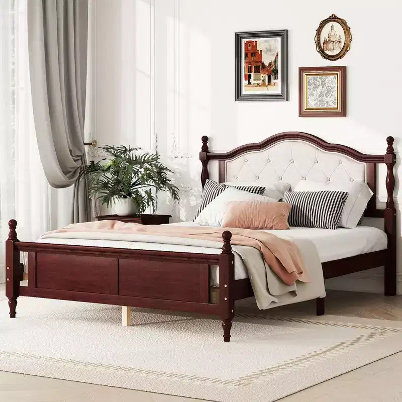 Base de cama Queen con cabecero y piecero tapizados, marco de cama de plataforma de madera con patas de soporte central