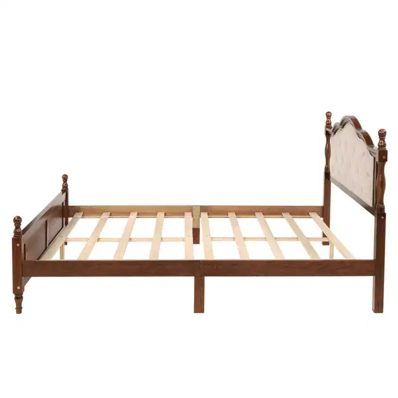 Base de cama Queen con cabecero y piecero tapizados, marco de cama de plataforma de madera con patas de soporte central