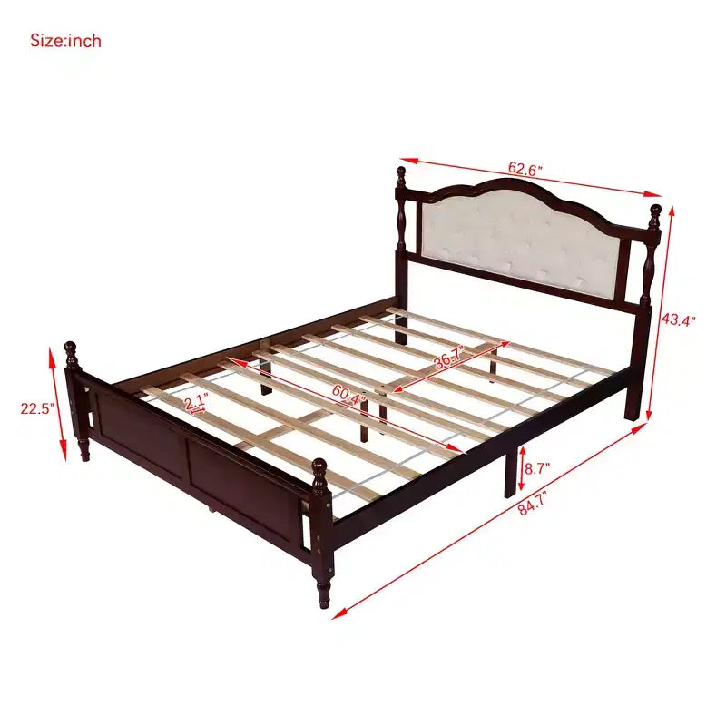Base de cama Queen con cabecero y piecero tapizados, marco de cama de plataforma de madera con patas de soporte central