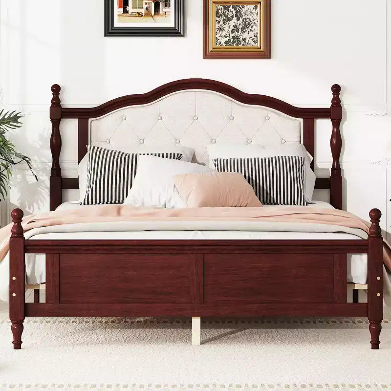 Base de cama Queen con cabecero y piecero tapizados, marco de cama de plataforma de madera con patas de soporte central